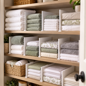White polystyrene shelf dividers separating neat columns of folded bath towels, washcloths, and sheet sets on wooden linen closet shelves