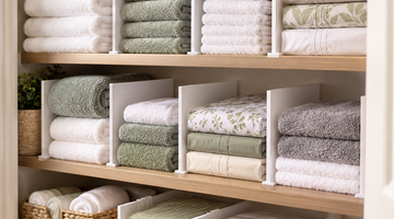 White polystyrene shelf dividers separating neat columns of folded bath towels, washcloths, and sheet sets on wooden linen closet shelves
