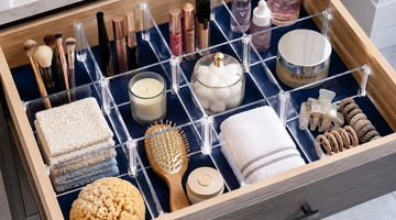 See how clear acrylic drawer dividers turn cosmetic chaos into a salon-style, see-everything drawer.