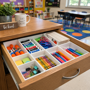 Drawer dividers and a file kit turn a chaotic classroom supply drawer into smooth, grab-and-go stations.