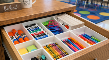 Drawer dividers and a file kit turn a chaotic classroom supply drawer into smooth, grab-and-go stations.