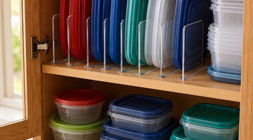  Self-tape shelf dividers file your food-container lids upright so the right one is always on top.