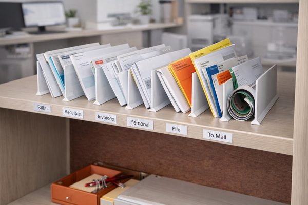 File organizer with labeled sections on a desk in an office setting