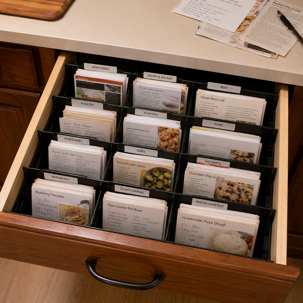 Wooden drawer with recipe cards organized in a black card holder on a kitchen counter.