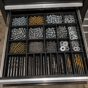 Organized drawer with various drill bits and hardware components.