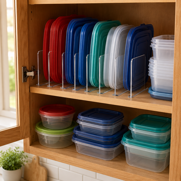 Stacked plastic food containers with lids on a wooden shelf.