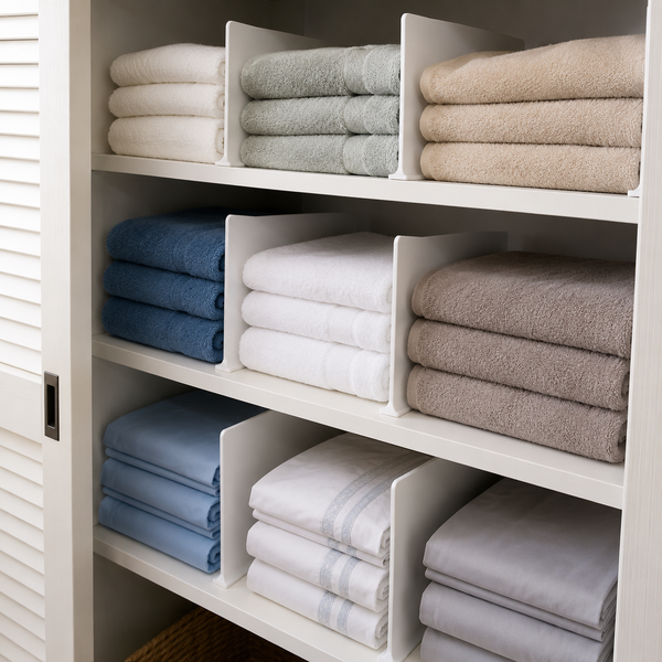 Shelves with folded towels in various colors